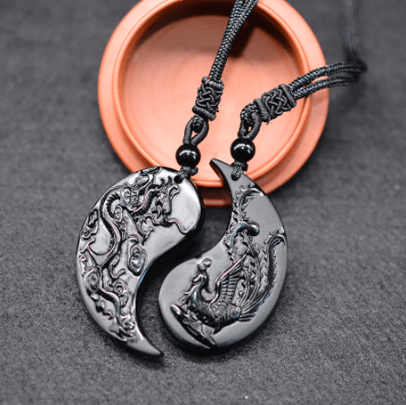 1 Set Obsidian Taichi Dragon and Phoenix Necklace Pendant 